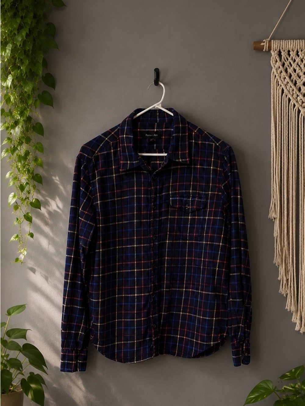 Men's Navy and Red Plaid Button-Down Shirt